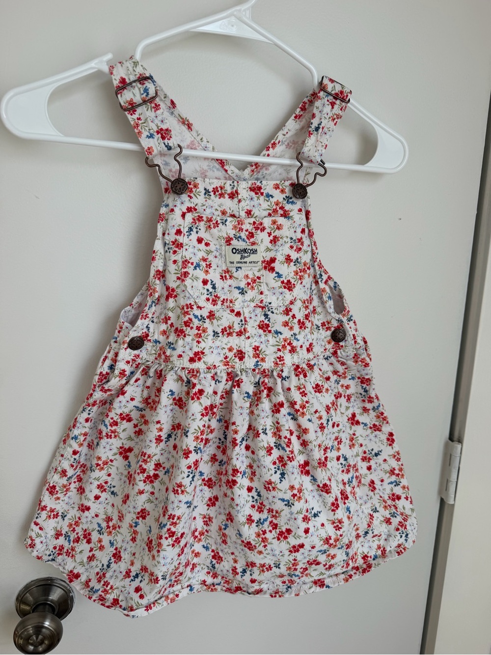 OshKosh B'gosh White Floral Cotton Overall Dress with Red & Blue Flowers